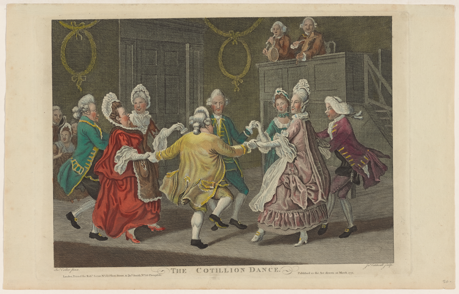Old drawing of people dancing a cotillion.